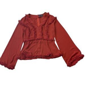 Gracia V Neck Ruffled Trim Bell Sleeve Blouse